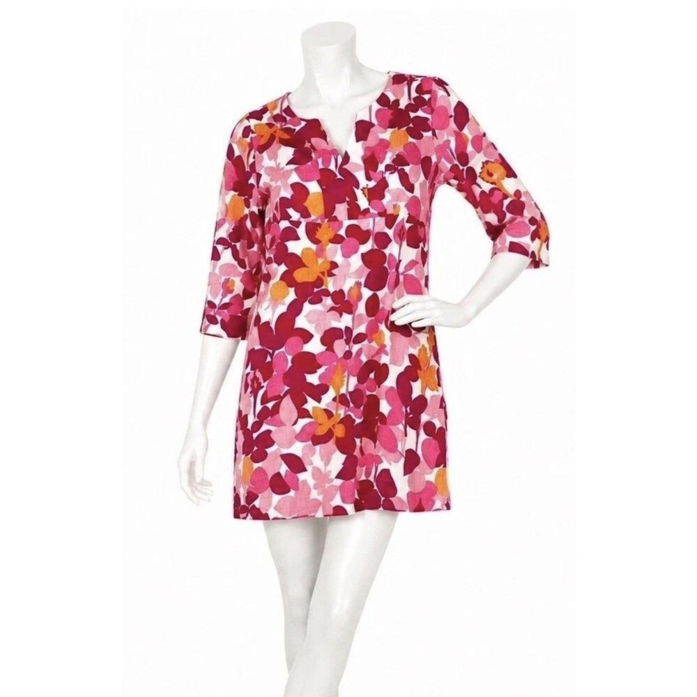 Boden 100% Linen Leaf Print Coral Pink Red Tunic Dress 3/4 Sleeves Size 12R